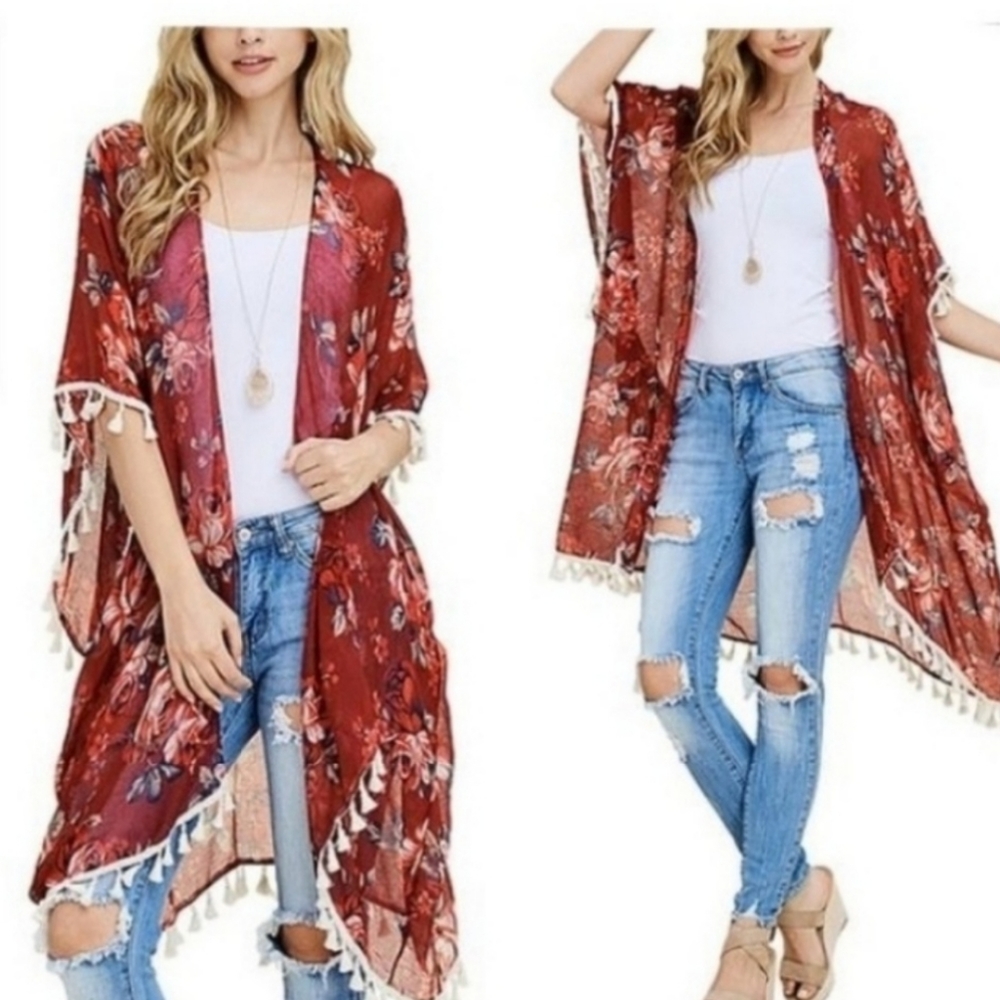 RED Floral rose Tassel Kimono cardigan one size